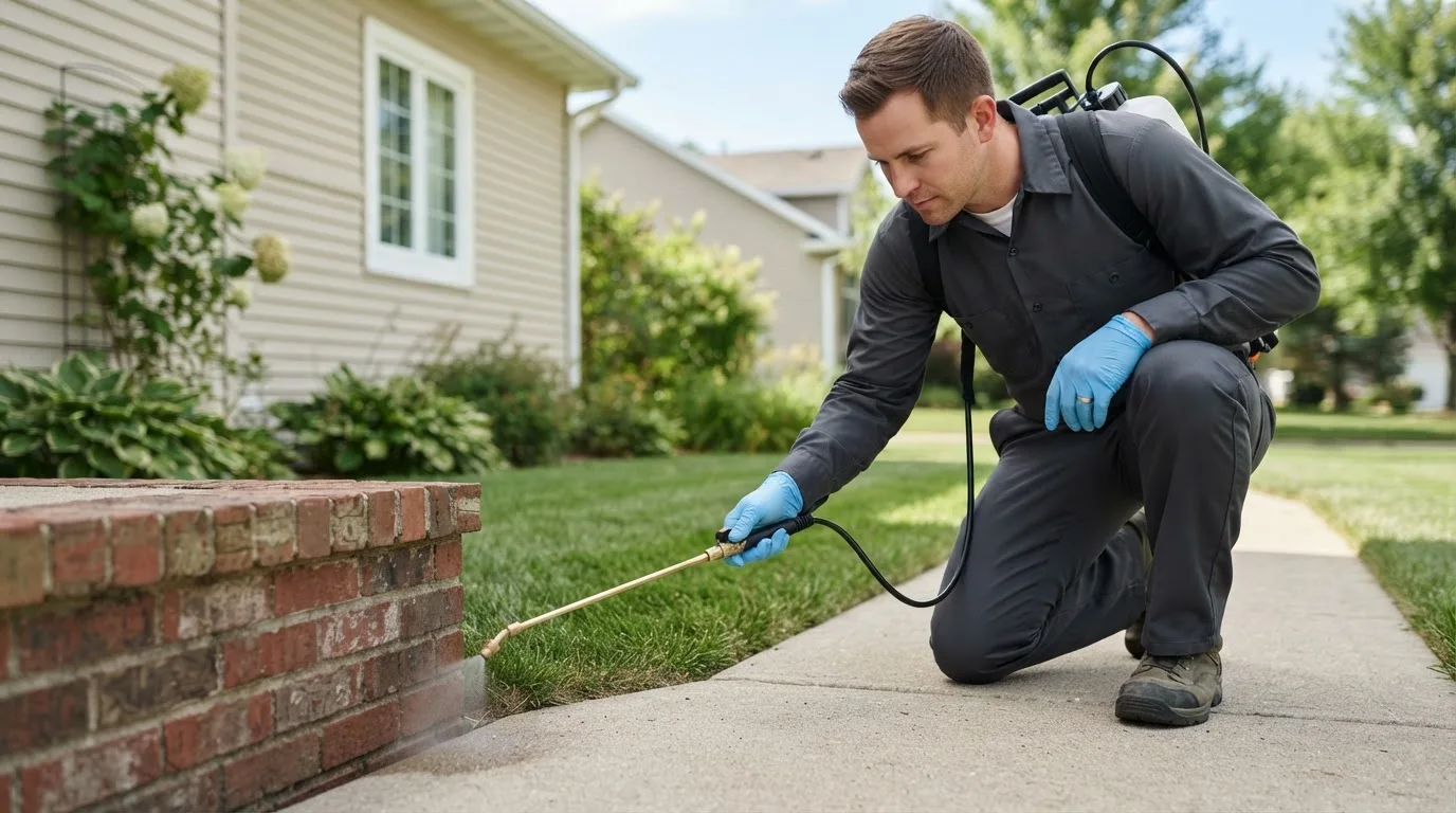 Pest control technician treating a home near Perry Hall, MD
